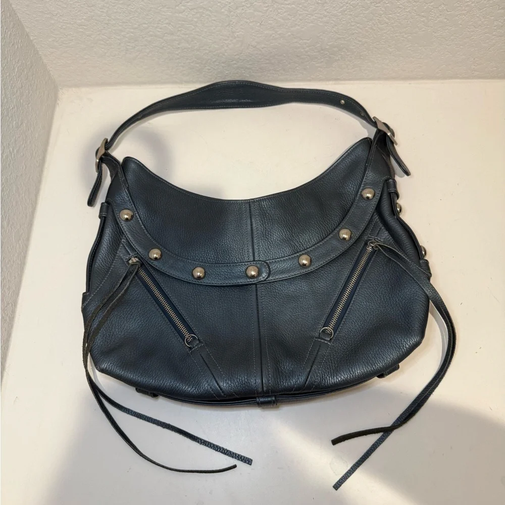Botkier TRIGGER Mermaid Blue Moto Leather Hobo Shoulder Bag Studded Fringe